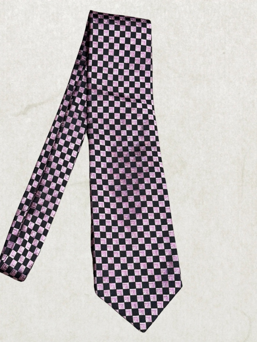 Vintage Holt Renfrew Silk Tie – Pink & Black Geometric Checker Pattern
